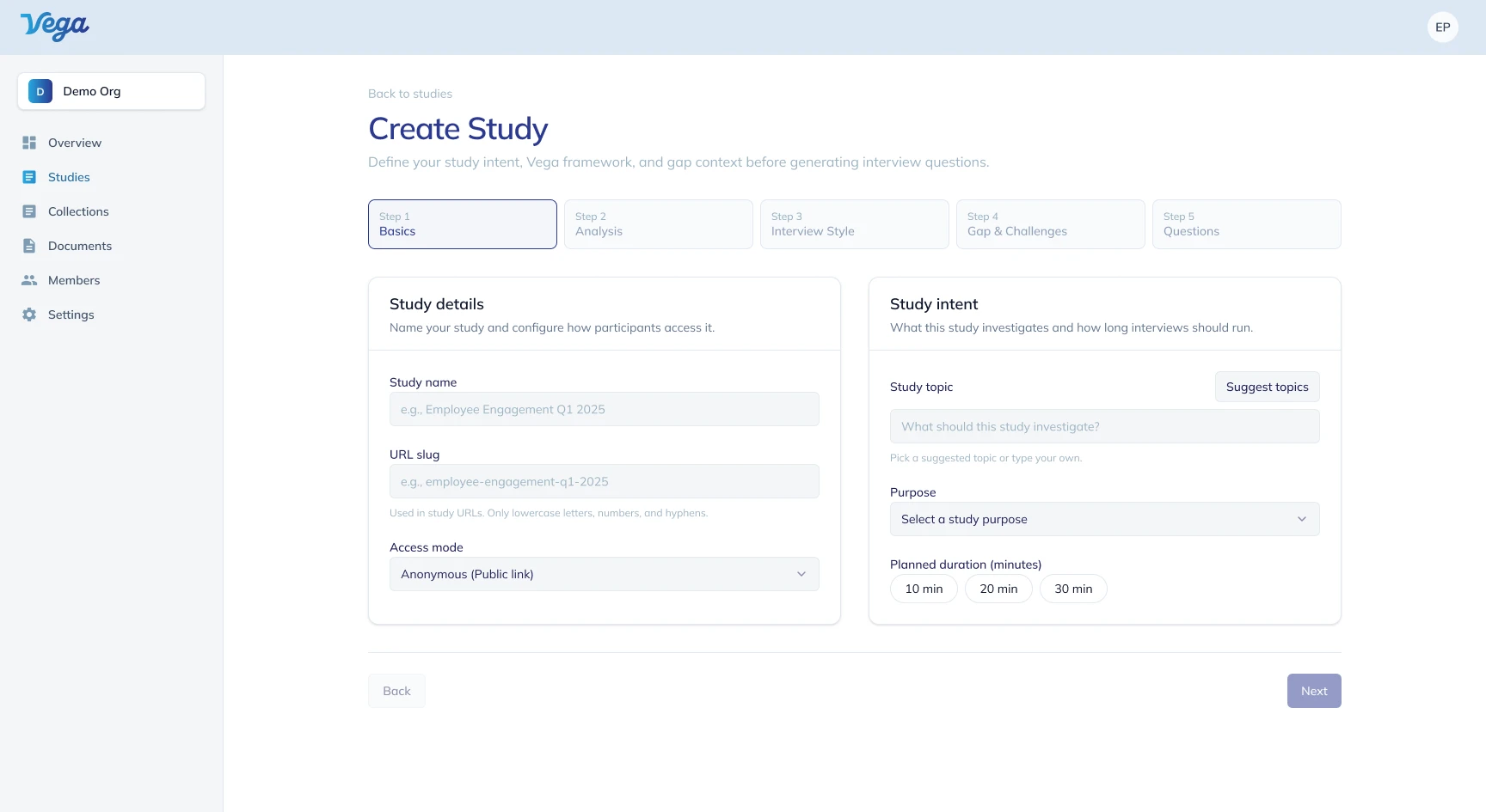 Vega create-study form: study name, access mode, study intent, and planned interview length.