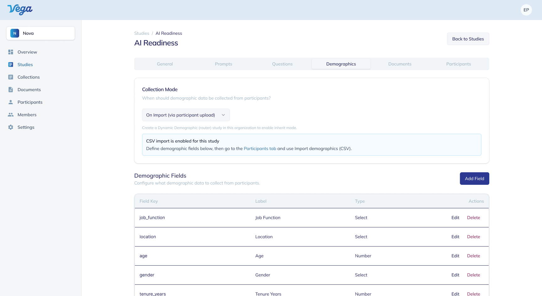 Vega participant settings: the demographic fields collected from each participant.