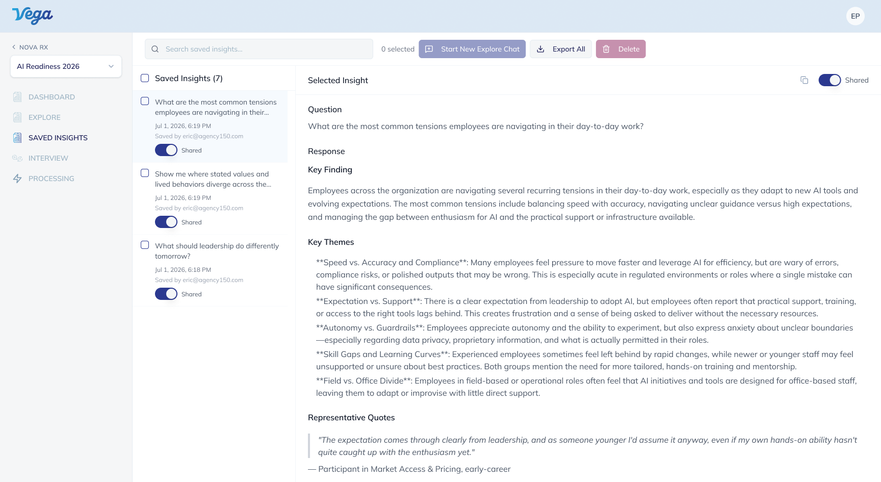 Vega saved insights: a shared finding with key themes and representative quotes.